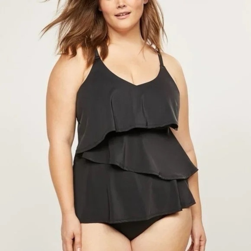 Lane Bryant Cacique Black Tiered Tankini Top No Wire Swim Plus Size 22 Flounce
